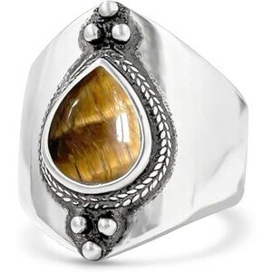 Tiger-Eye Quartz Retro Sterling Silver Waterdrop Natural Stone Boho Ring